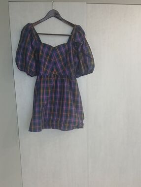 Plaid Puff-Sleeve  Dress - Navy & Purple